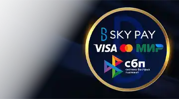 Изображение популярных платежных логотипов, таких как Visa, Mastercard и МИР, а также Sky Pay, подчеркивающее гибкость платежей в Казино Лев.